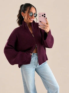 Gerippter Zip Cardigan – Bordeaux – Vorderansicht | Lisa’s Boutique