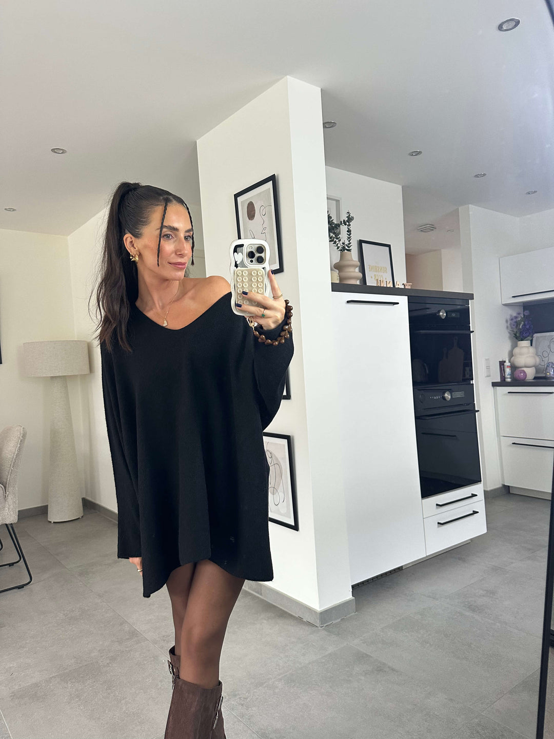 Pullover V-Ausschnitt Strick – Schwarz