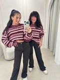 Knitted sweater with striped pattern in burgundy-pink