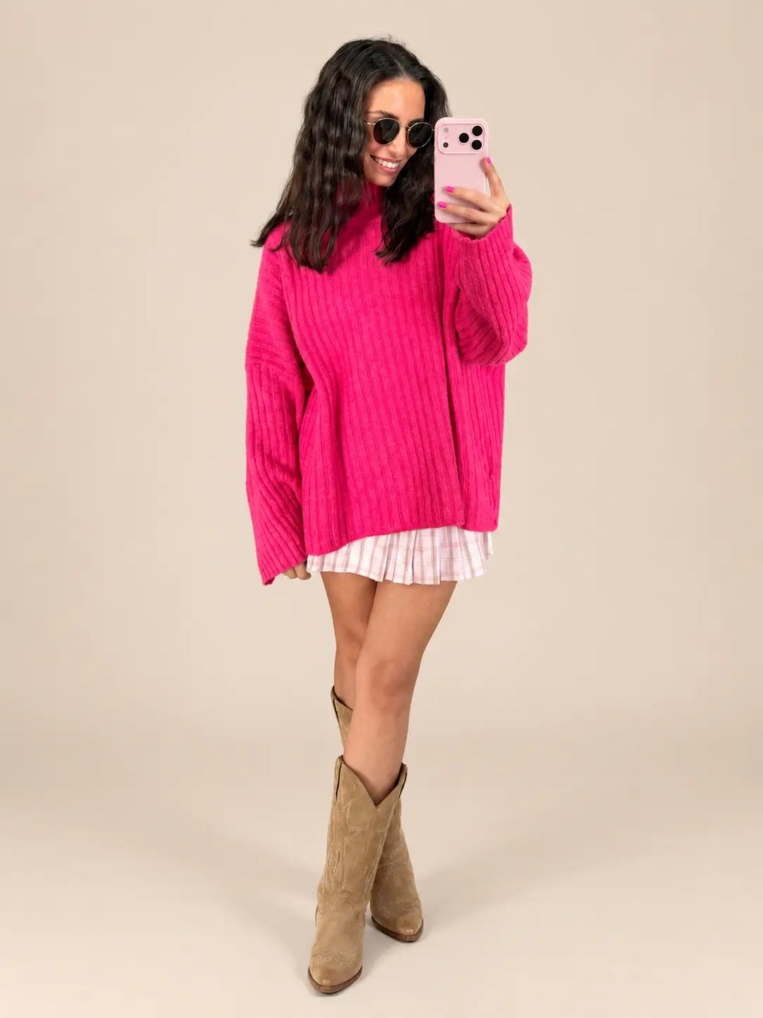 Gerippter Strickpullover in Pink