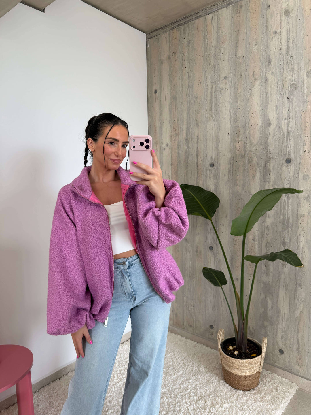 Bouclé Jacke mit Reißverschluss in Beere mit strukturierter Schlingenoberfläche | Lisa’s Boutique