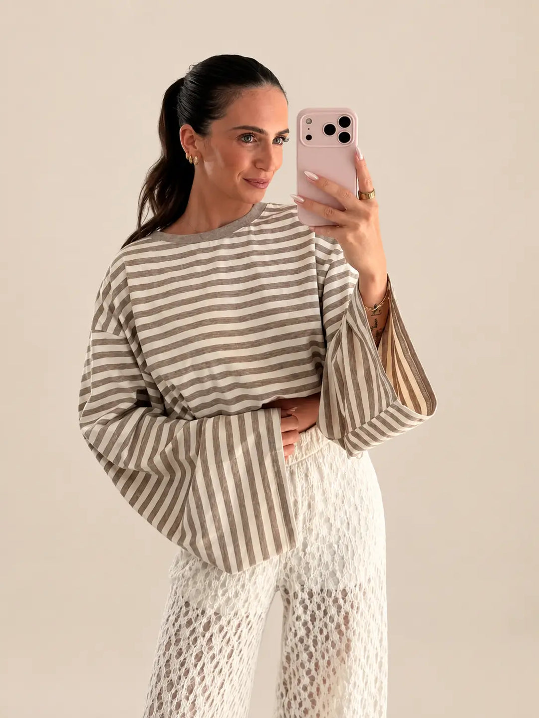 Gestreiftes Langarmshirt für Damen in Beige