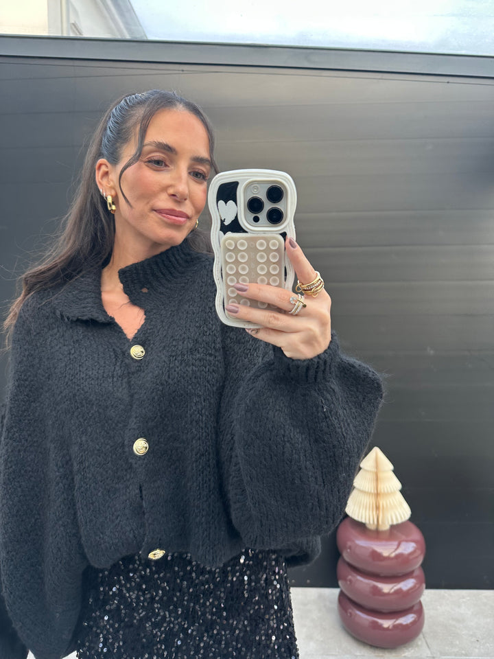Kuschel Strick Cardigan mit goldenen Knöpfen Schwarz