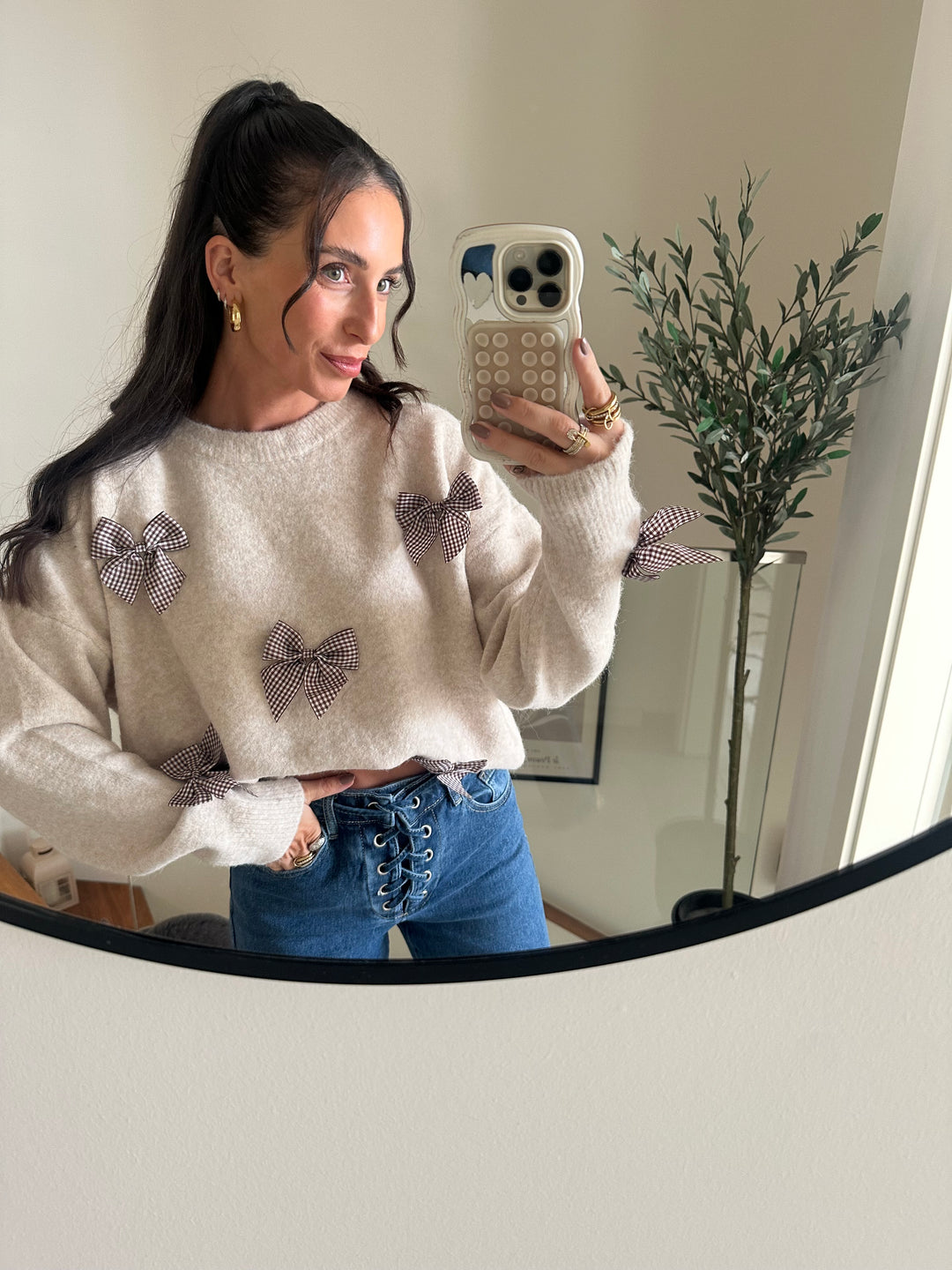 Schleifen Pullover Beige