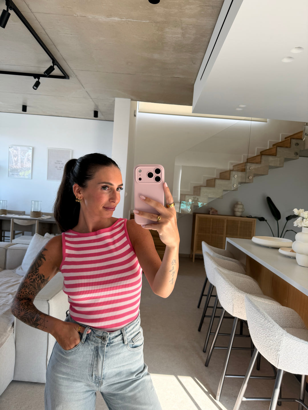 Geripptes Top mit Streifen – Pink/ Rosa