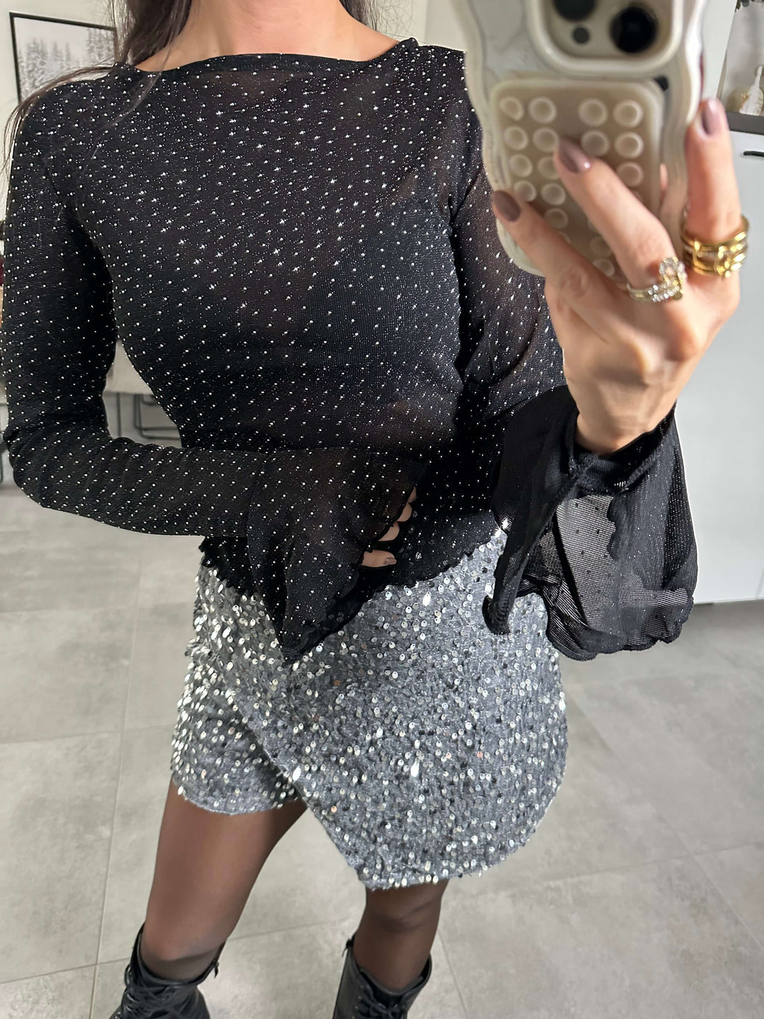 Glitzer Mesh Langarmshirt Schwarz
