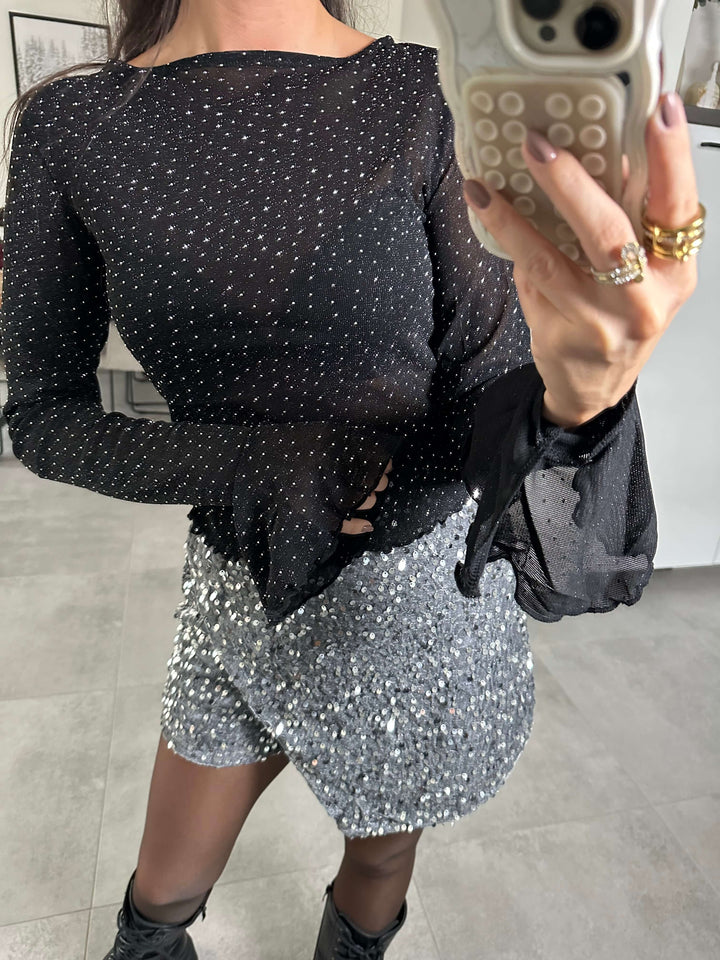 Glitzer Mesh Langarmshirt Schwarz