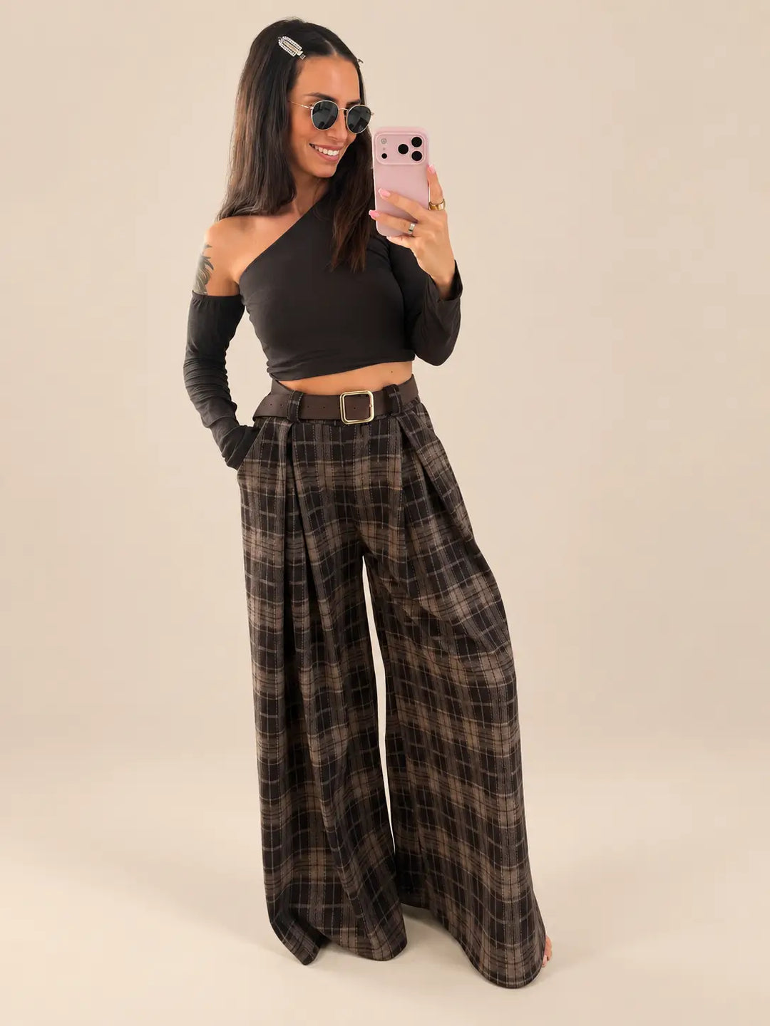 Checked Trousers – Brown, view 1 | Lisa’s Boutique