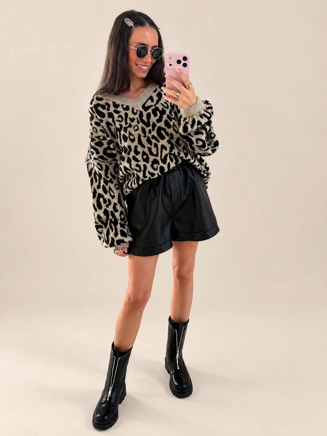 V-Neck Leopard Print Sweater – Beige, view 2 | Lisa’s Boutique