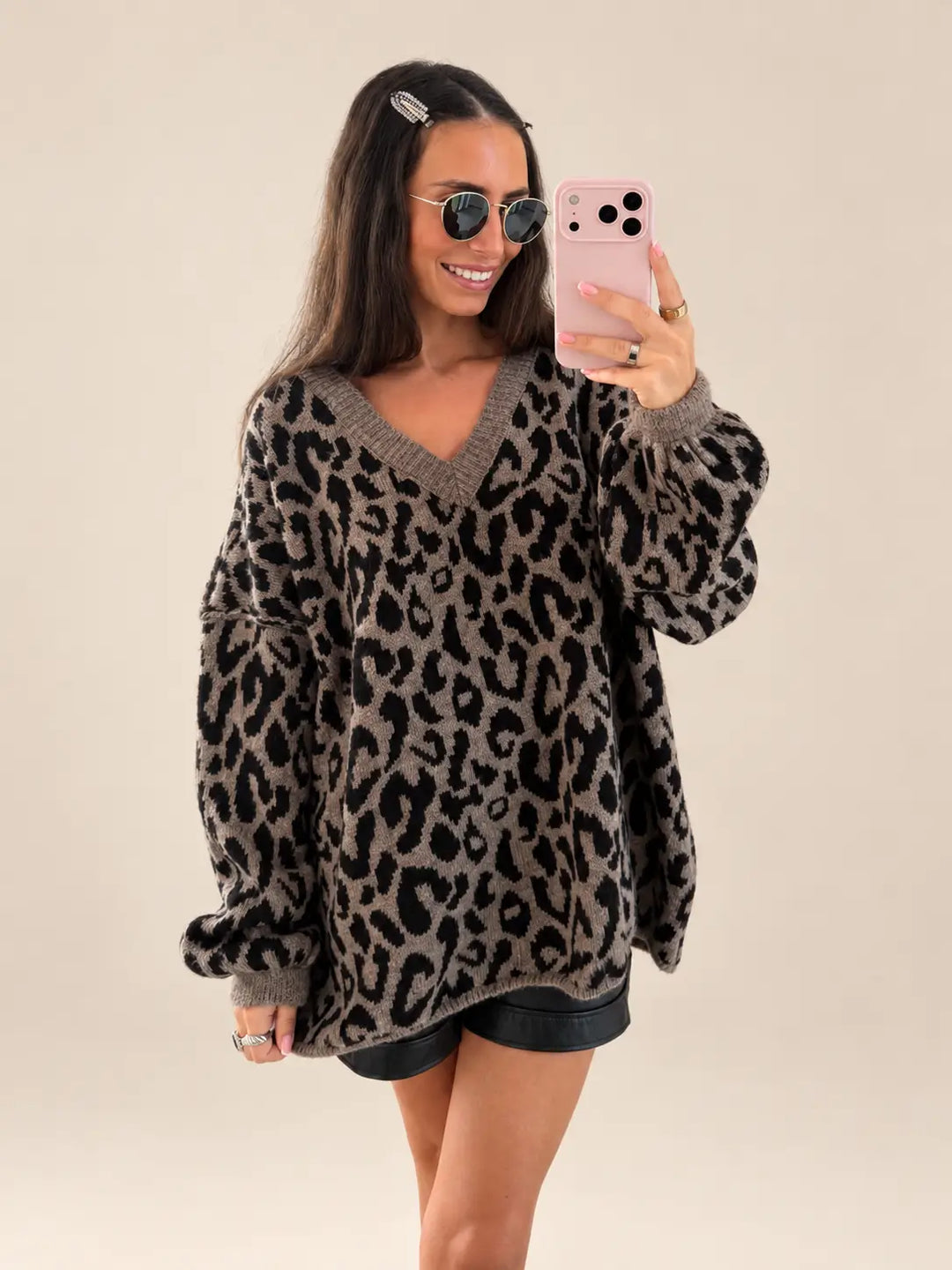 V-Neck Leopard Print Sweater – Brown, view 1 | Lisa’s Boutique