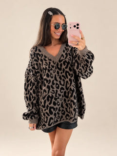 V-Neck Leopard Print Sweater – Brown, view 1 | Lisa’s Boutique