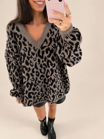 V-Neck Leopard Print Sweater – Brown, view 2 | Lisa’s Boutique