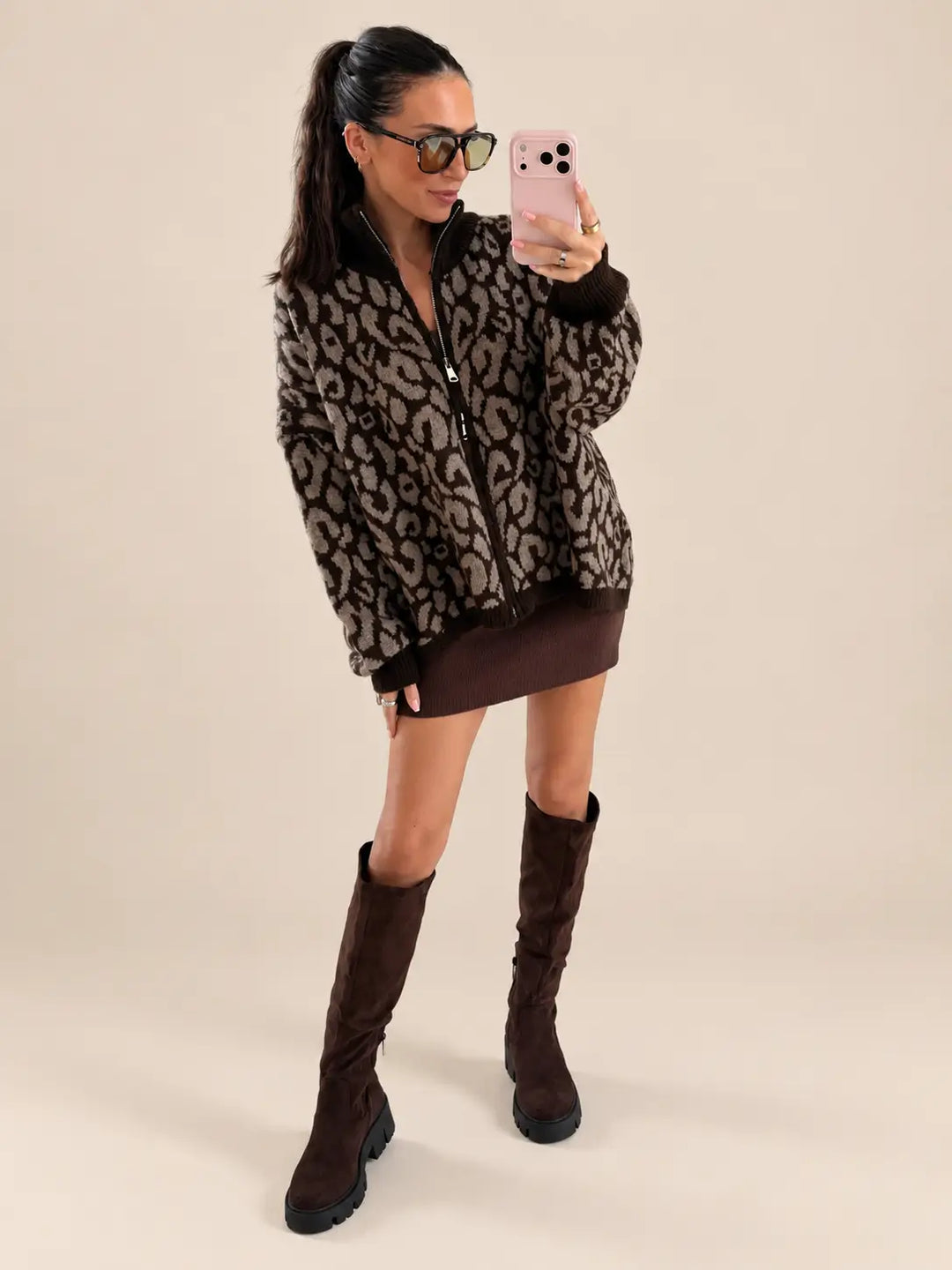 Oversize Leopard Zip Cardigan – Brown