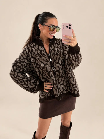 Oversize Leopard Zip Cardigan – Brown