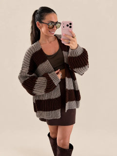 Striped Knitted Cardigan – Taupe/Brown