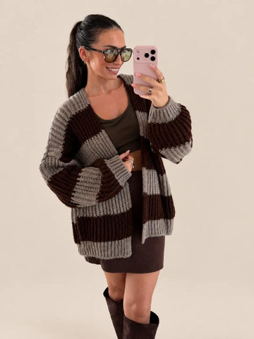 Striped Knitted Cardigan – Taupe/Brown