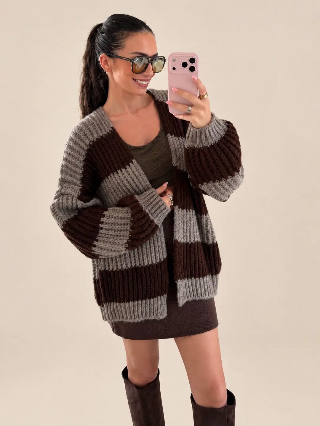 Striped Knitted Cardigan – Taupe/Brown