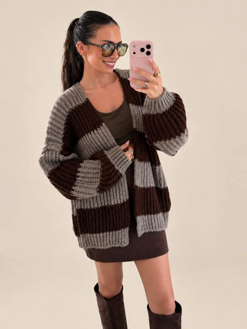 Striped Knitted Cardigan – Taupe/Brown