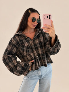 Cropped Checked Shirt – Beige/Brown