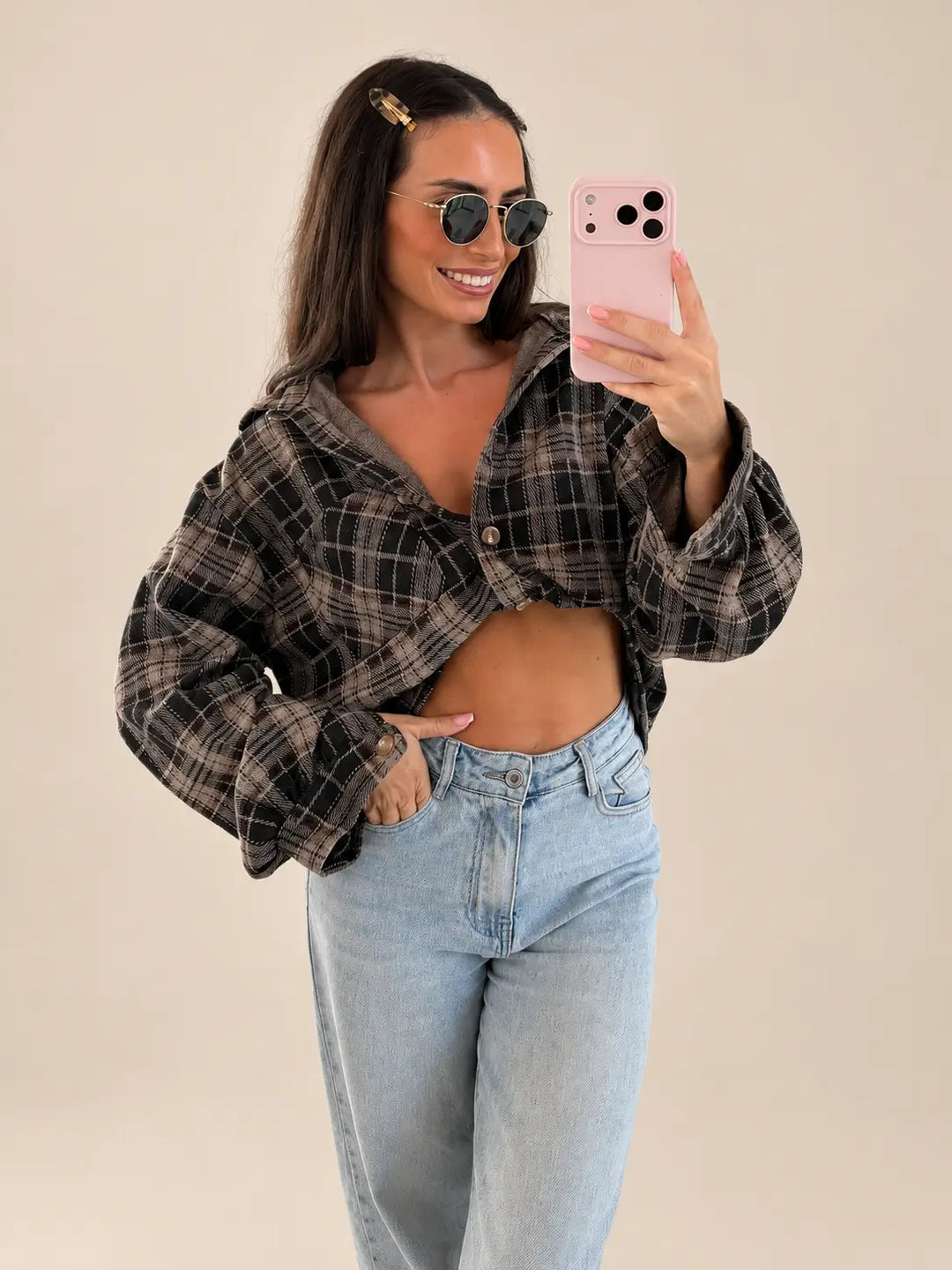 Cropped Checked Shirt – Grey/Black