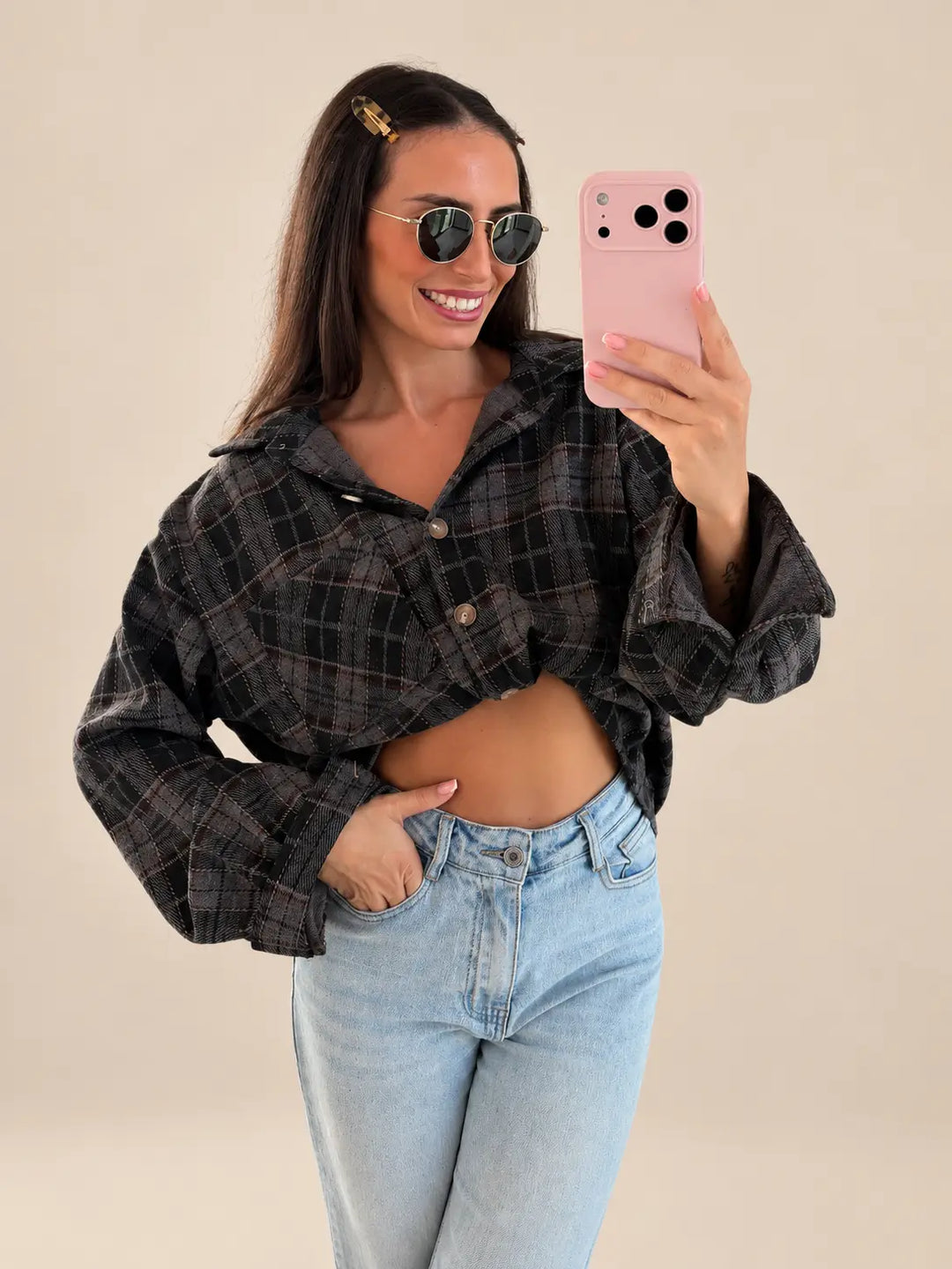 Cropped Checked Shirt – Grey/Black