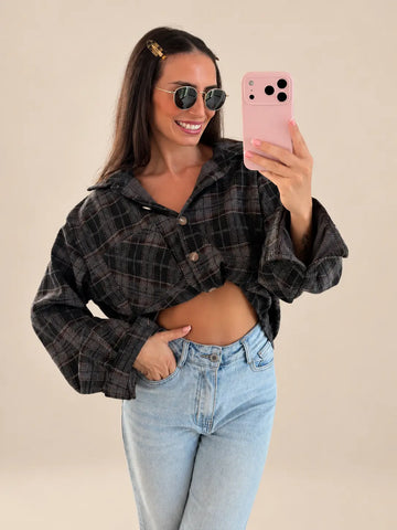Cropped Checked Shirt – Grey/Black