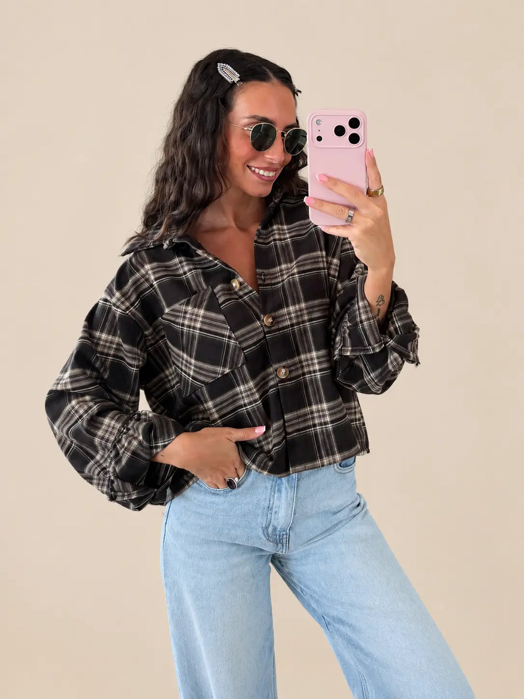 Kariertes Crop Hemd – Braun