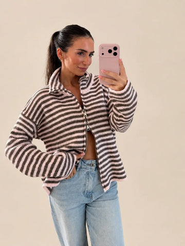 Strick Cardigan mit Reißverschluss – Taupe/Rose | Lisa’s Boutique