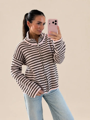 Strick Cardigan mit Reißverschluss – Taupe/Rose | Lisa’s Boutique