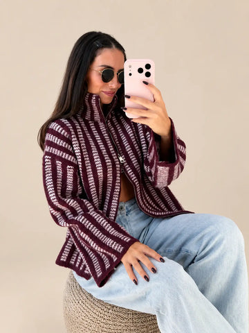Strick Zipper – Bordeaux / Rosa