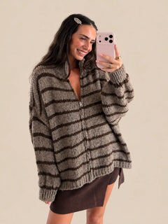 Gilet zippé rayé – Marron
