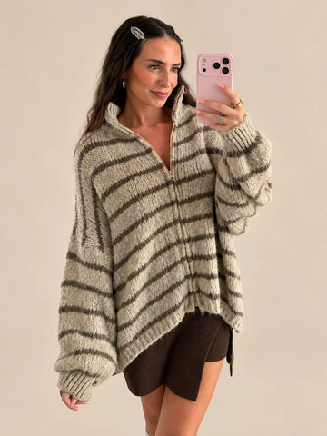 Gilet zippé rayé – Beige