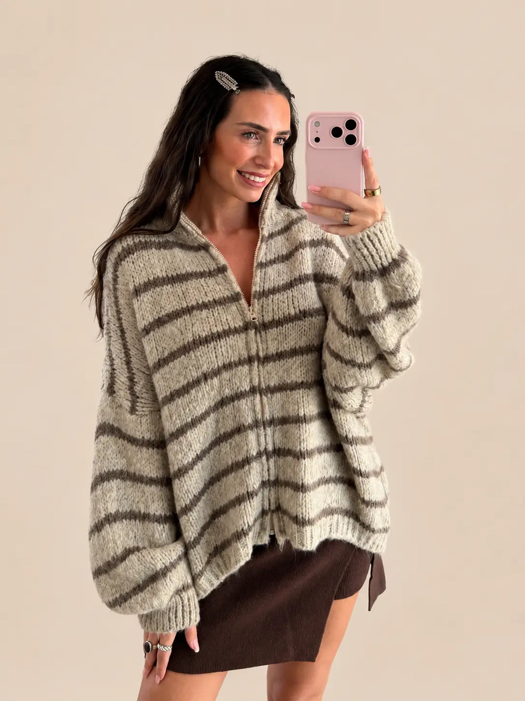 Gilet zippé rayé – Beige