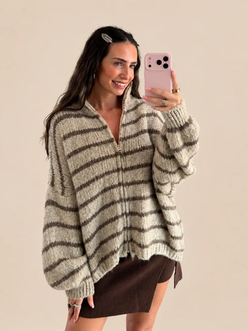 Gilet zippé rayé – Beige