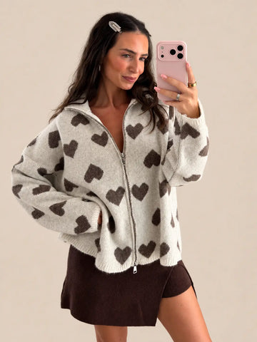 Heart Zipper Cardigan – Cream/Brown