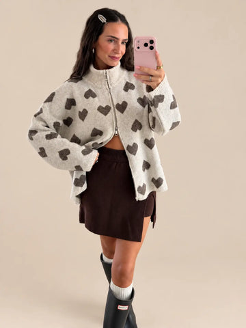 Heart Zipper Cardigan – Cream/Brown