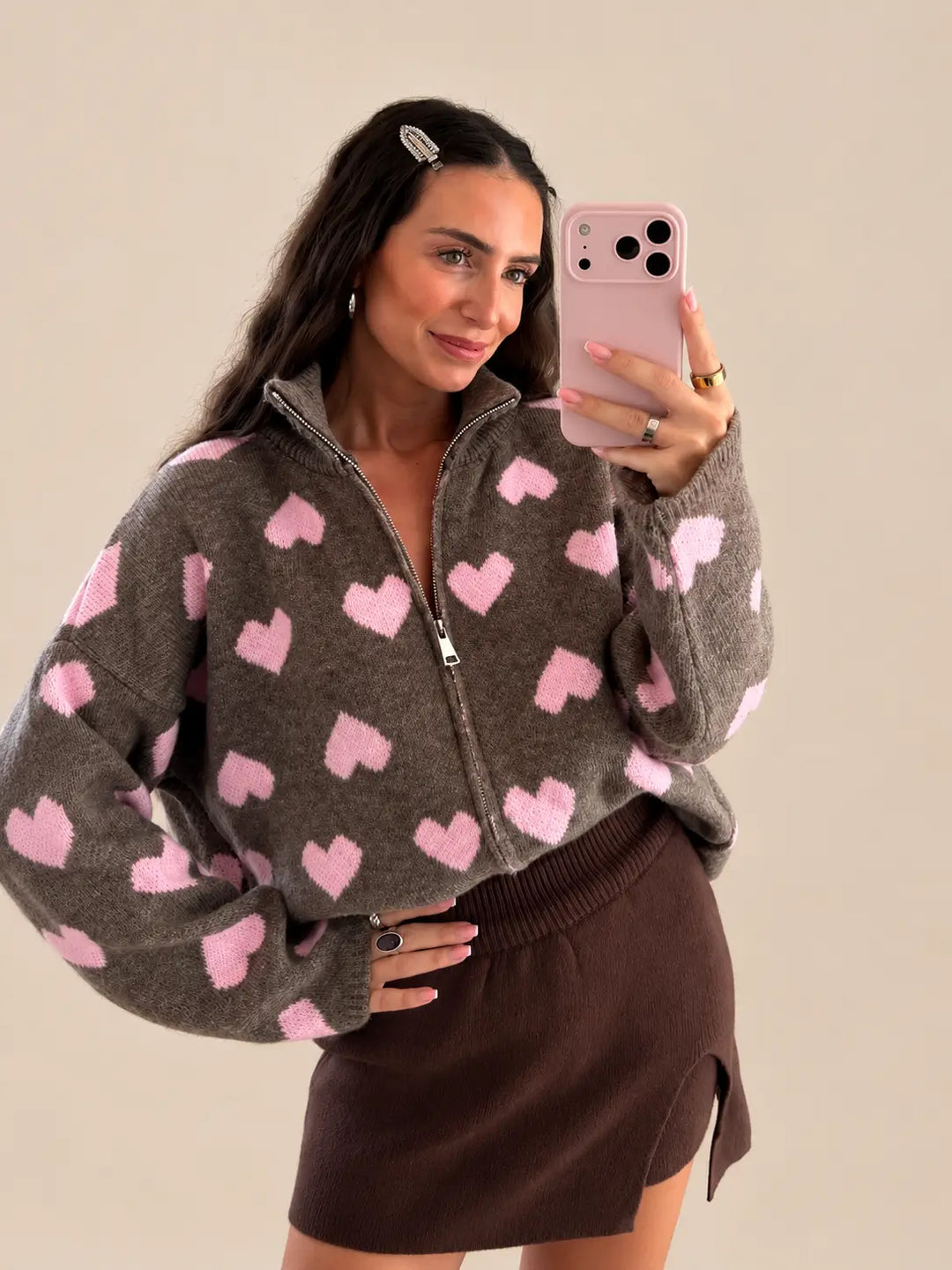 Gilet zippé coeur – Taupe/Rose