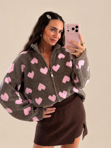 Gilet zippé coeur – Taupe/Rose