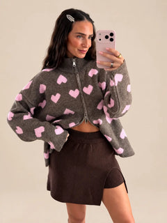 Gilet zippé coeur – Taupe/Rose
