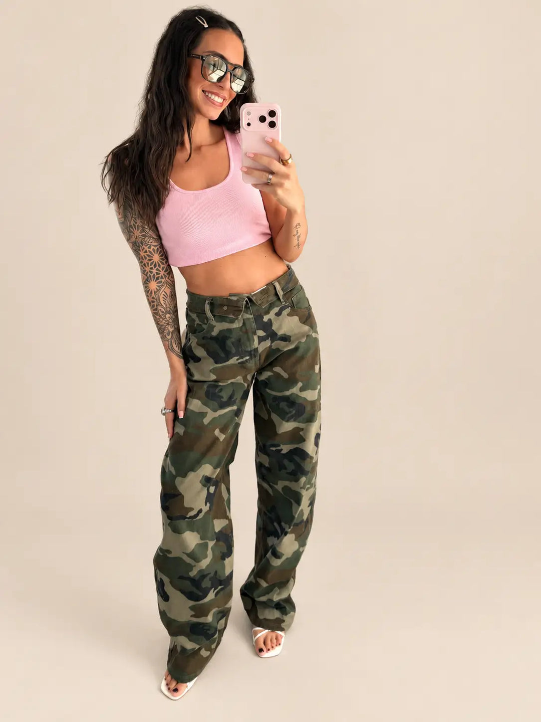Ballon Straight Jeans mit Stretch – Camouflage