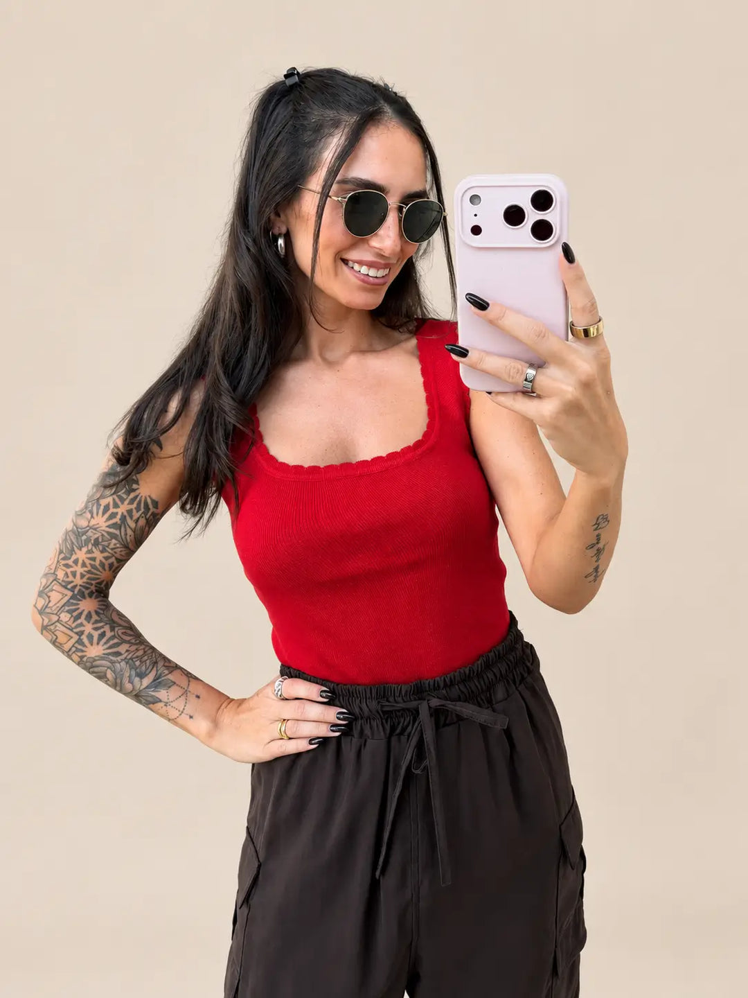 Top with Wavy Scoop Neckline – Red