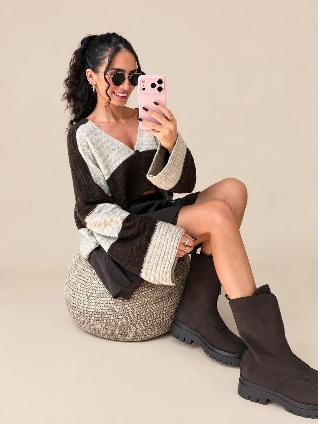 Gestreifter Strickcardigan Damen in Braun und Creme | Lisa’s Boutique