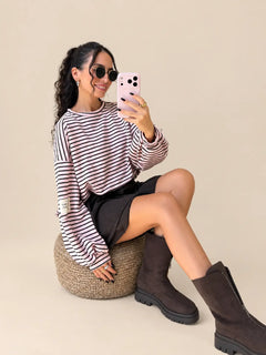 Gestreiftes Sweatshirt Damen in Rosé und Weiß mit Ballonärmeln | Lisa’s Boutique