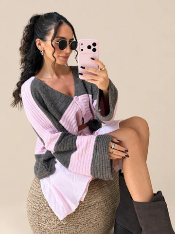 Gestreifter Strickcardigan Damen in Grau, Rosé und Creme | Lisa’s Boutique