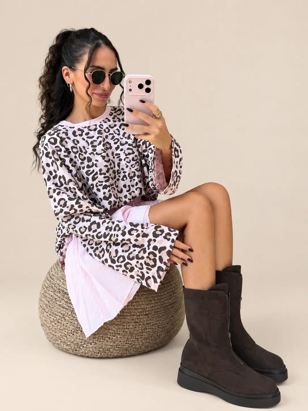 Longsleeve Damen mit Leo-Print in Rosé und Creme | Lisa’s Boutique