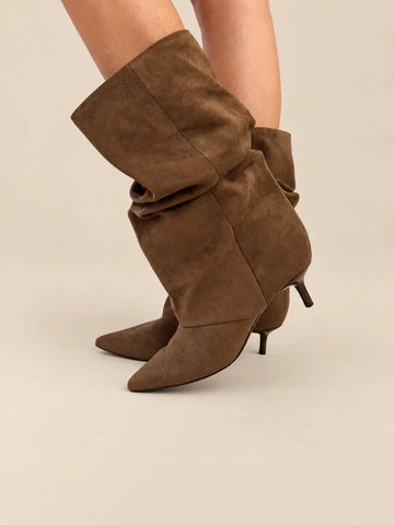 Brown suede-look ankle boots in a full look | Lisa’s Boutique