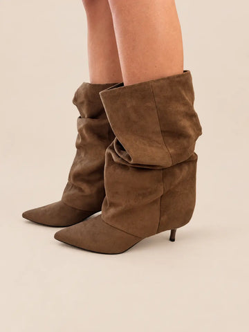 Brown suede-look ankle boots worn on the model | Lisa’s Boutique