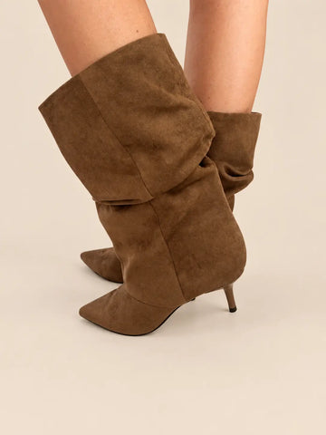 Brown suede-look ankle boots styled in an outfit | Lisa’s Boutique