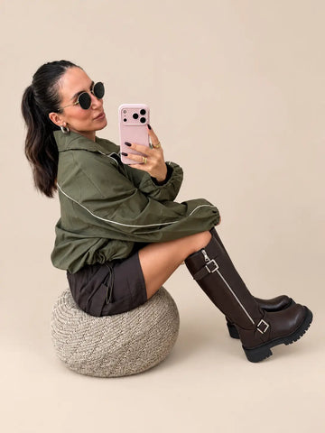 Khaki windbreaker jacket worn on the model | Lisa’s Boutique