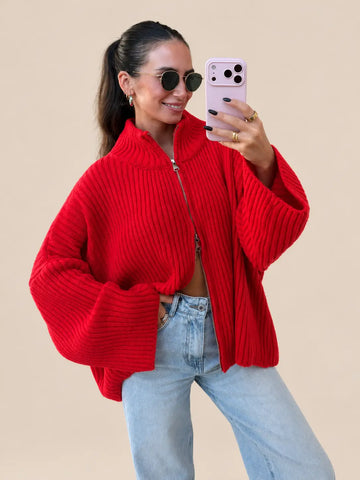 Strickjacke Damen in Rot mit Stehkragen und weiten Ärmeln | Lisa’s Boutique